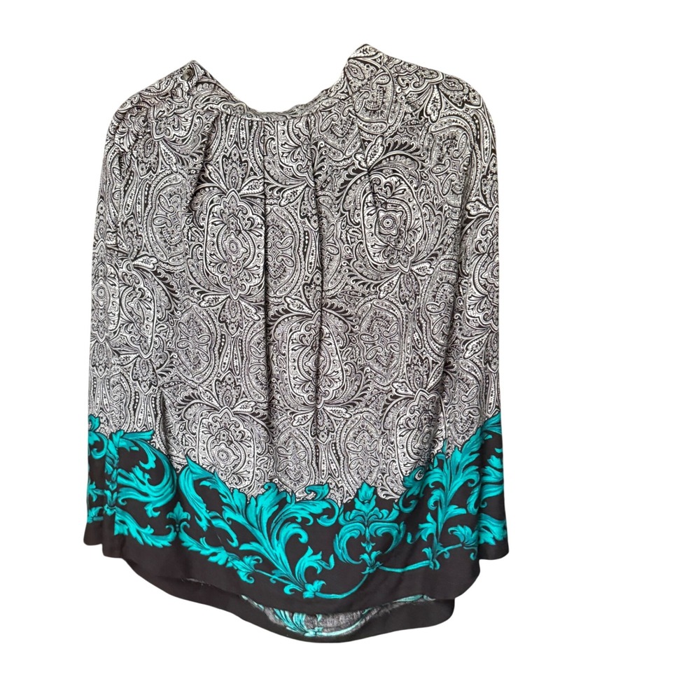 Koret Vintage Paisley Blouse Teal Baroque Border Print Black White Rayon Size 8